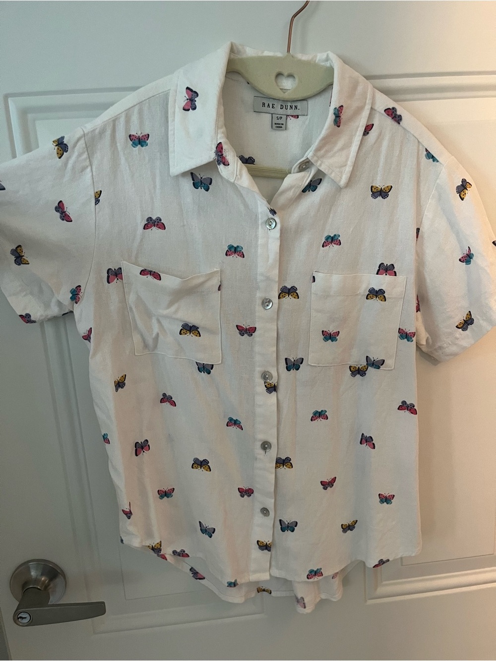 Rae Dunn White Short Sleeve Button-Down Shirt with Multicolor Butterfly Print